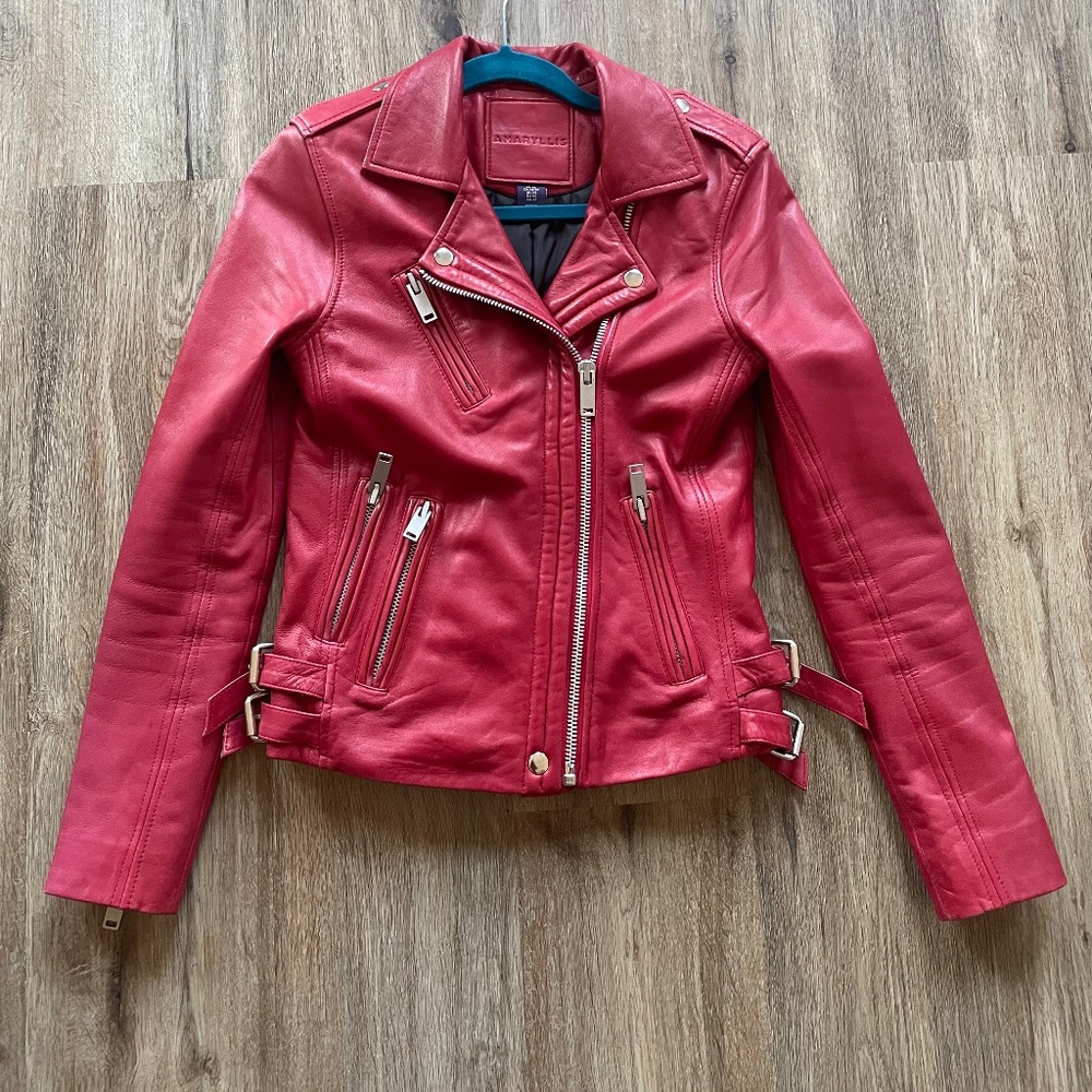 Amaryllis Red Sheep Leather Jacket Buckle Accents Size XS